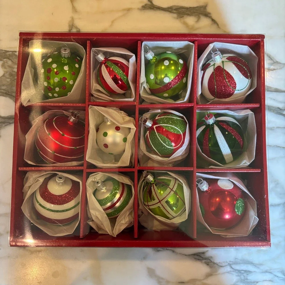 Crate and Barrel Glass Ornaments Set of 12 Red Green Glitter Handcrafted Czech